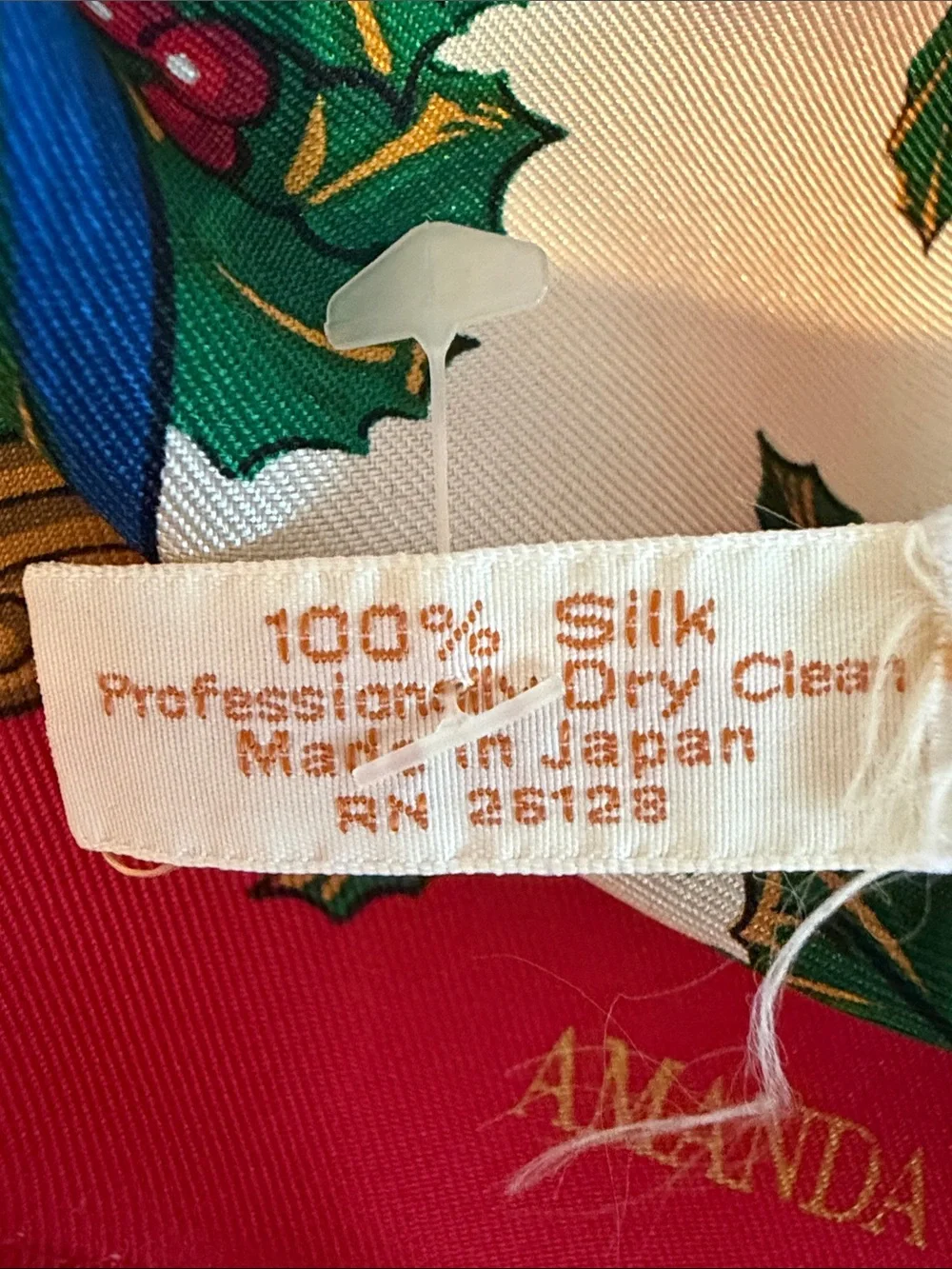 Vintage Amanda Fielding Silk Holiday Scarf Wreath Ribbon Bows Red Cream